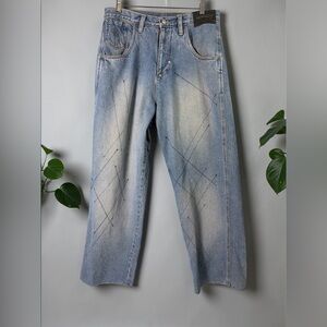 VTG Vokal Jeans Mens 34x30 Blue Embroidered Skater Baggy Y2K 100% Cotton